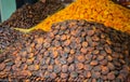 Sun dried apricots on a market display in Malatya, Turkey